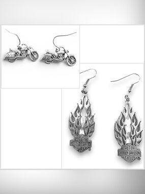 2 Pairs Silver Tone Motorcycle earrings - one pair Harley Davidson